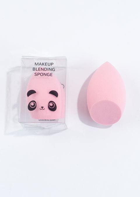 two flat ended pink makeup blending sponges, one in a clear box with panda illustration on and one with no box 