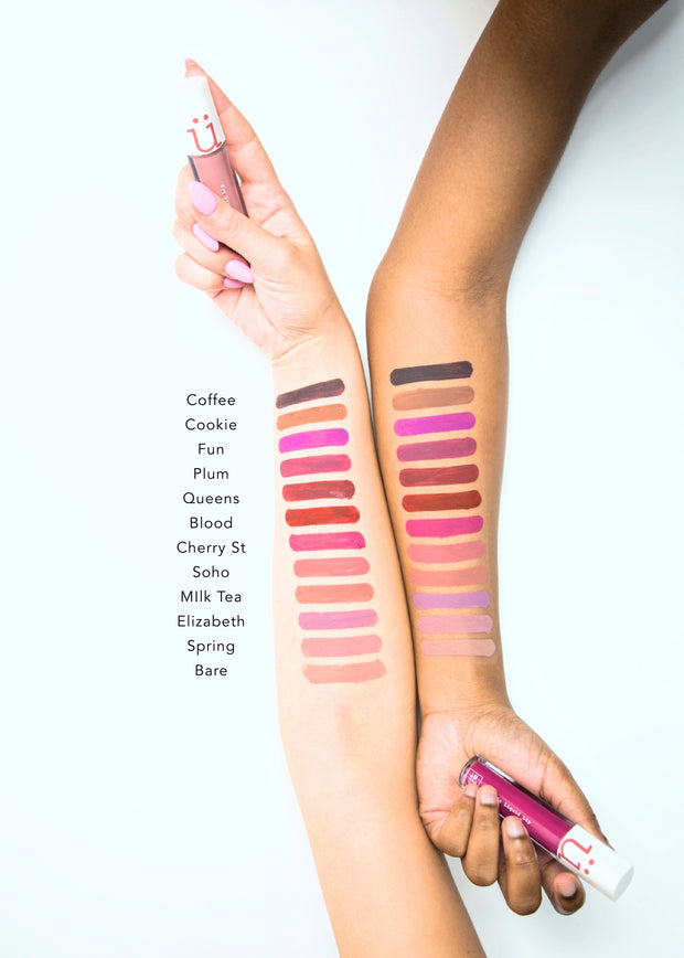 color swatches of matte liquid lips in twelve shades from dark to light