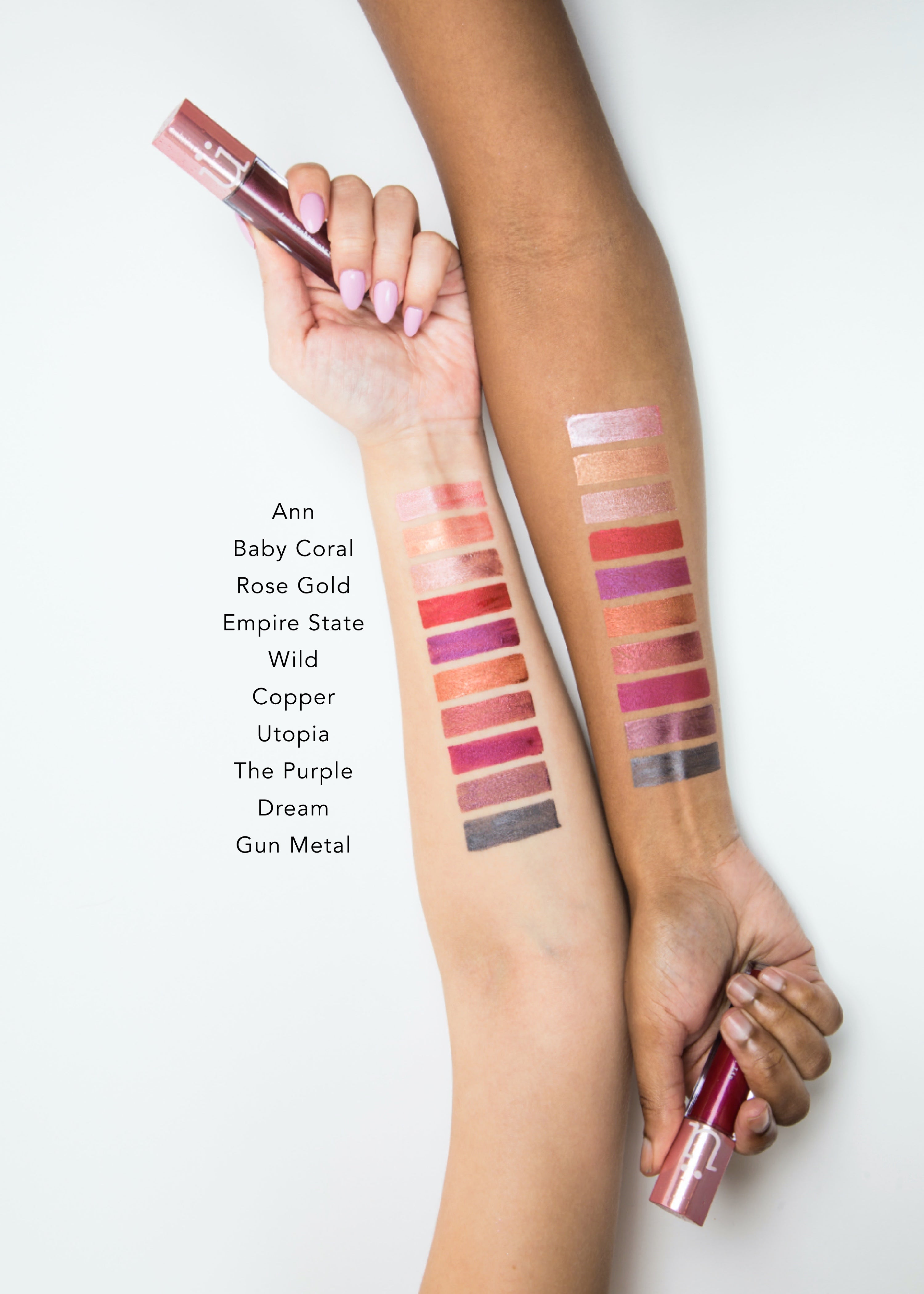 color swatches of metallic liquid lip in ten shades from light to dark