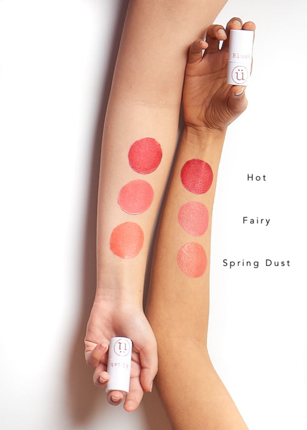 color swatches of cream blush sticks in three shades, from hot to spring dust