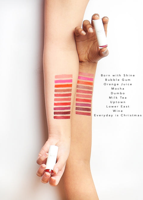 color swatches of moisturizing lipstick in ten shades from light to dark