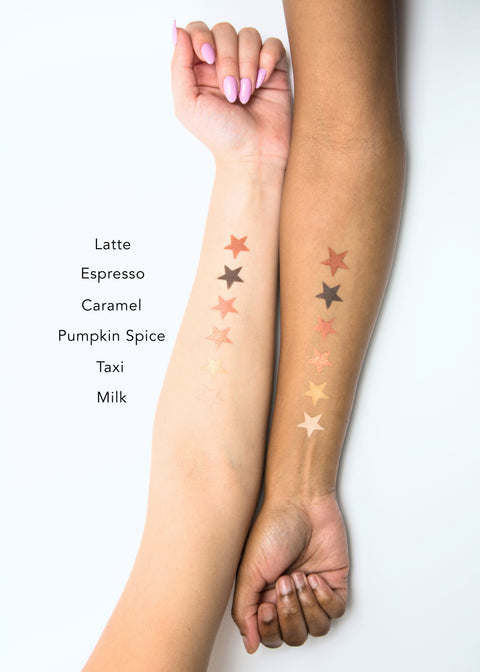 star-shaped color swatches of the six shade eyeshadow palette- uptown downtown, from dark to light