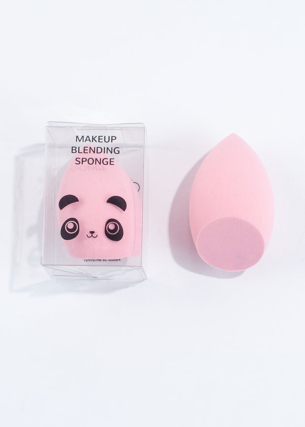 two flat ended pink makeup blending sponges, one in a clear box with panda illustration on and one with no box 