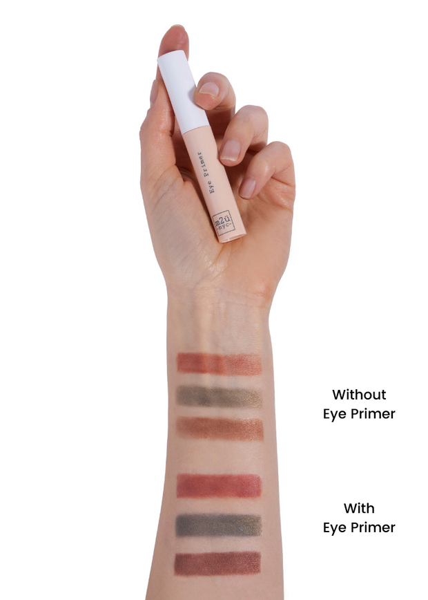 eye primer arm swatches showing eyeshadows with and without eye primer
