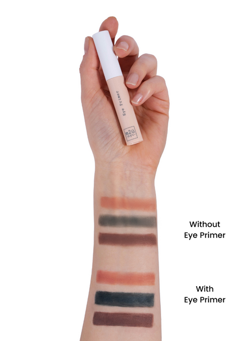 eye primer arm swatches showing eyeshadows with and without eye primer