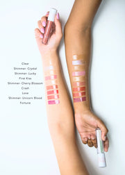 color swatches of lip gloss in nine shades 