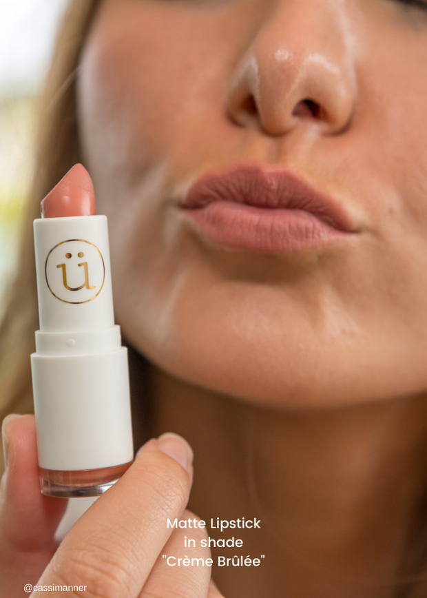 nude color matte lipstick on lips