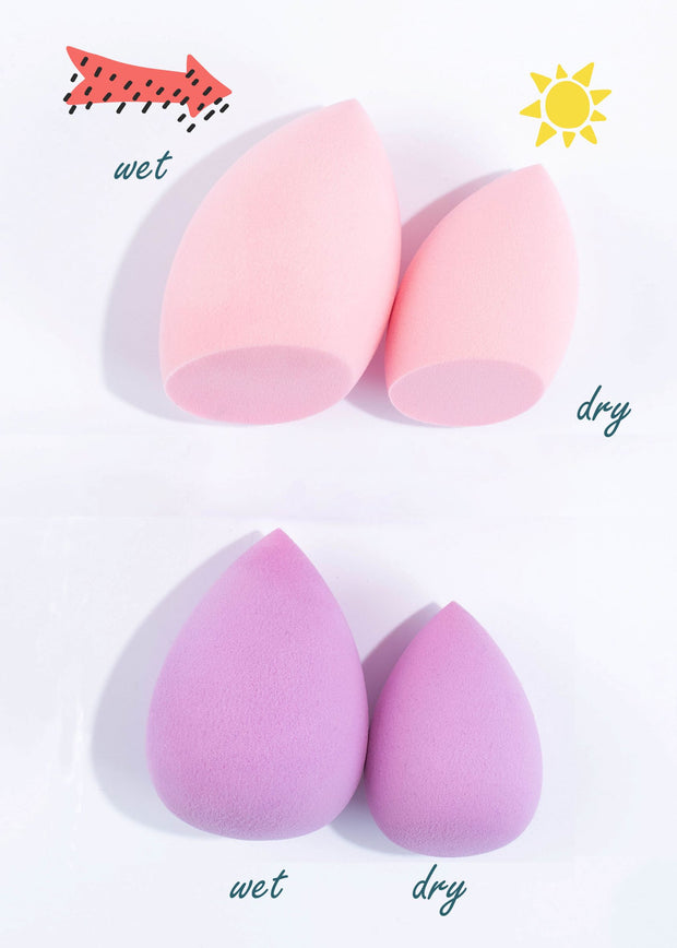 the before and after comparison of two sets of makeup sponges (wet and dry)